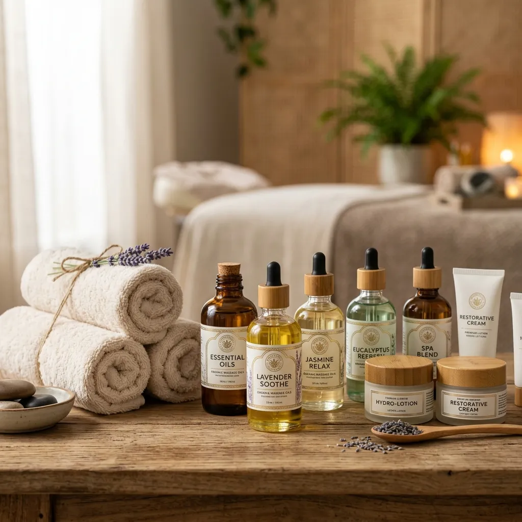 Premium Wellness Massage Oils and rolled towels on table